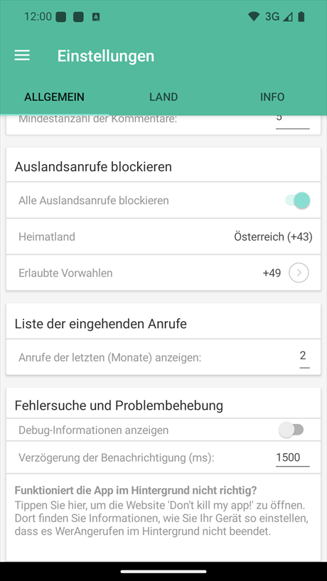 Einstellung der Blockierung von Auslandsanrufen und der Liste der eingehenden Anrufe
