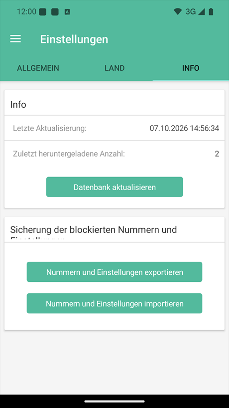 Informationen zur Datenbank und Sicherung der blockierten Nummern und Einstellungen
