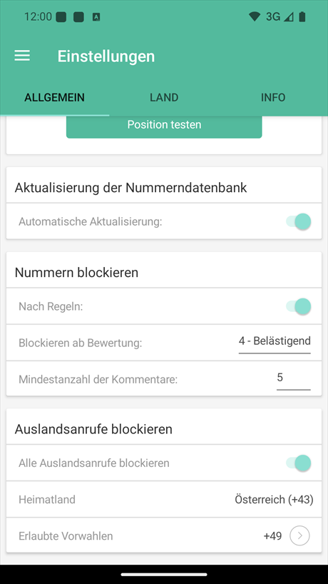 Einstellung der Datenbankaktualisierung und der Blockierung von Telefonnummern